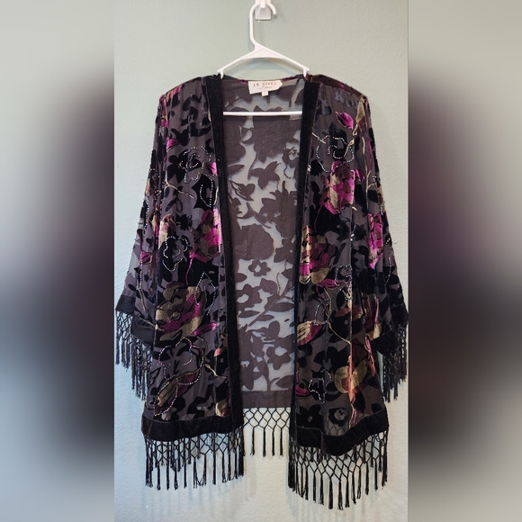 JR Nites Vtg Floral Shell Blouse Fringe Velvet Burnout Dark Fairy Whimsigoth L - Picture 2 of 13